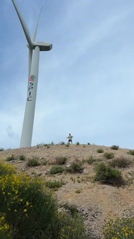 The video shows a man standing on a small, rocky, shrub-covered hill. Behind the hill and to the left of the frame is a large, white wind turbine with the word "SPIC" vertically printed on its side. The turbine has three blades that are not moving. The sky is visible in the background, with a mix of blue and white clouds. The man performs a jumping jack, throws his arms in the air, and then stretches or performs yoga. Yellow flowers are visible in the lower left corner of the frame.