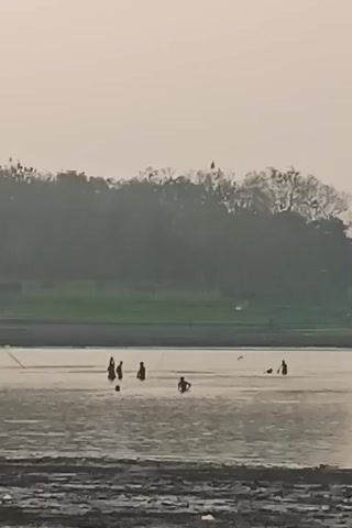 A group of people are wading in a body of water. Some of them appear to be fishing with poles. There is a line of trees in the background, with a faint haze or fog. The water is calm, and the sky is overcast. The foreground shows a muddy bank.