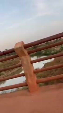 The video depicts a view from what appears to be a bridge, looking down at a river. The railing of the bridge is made of red metal and consists of horizontal bars. The river below appears relatively shallow, with grassy vegetation visible on its banks. The sky is a pale blue with some wispy clouds. The overall environment seems arid or semi-arid. There is no dialogue and no evident interaction.