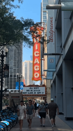 Chicago Theatre sign and marquee on a sunny afternoon