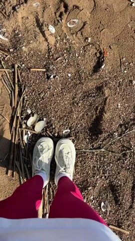 A person wearing white sneakers and maroon leggings stands on a sandy beach. The sand is mixed with small rocks, sticks, and numerous white shells. The person walks towards the water's edge. The water appears murky and has a greenish tint. Several large rocks are visible in the water near the shoreline. The sky is overcast with some areas of clear blue.
