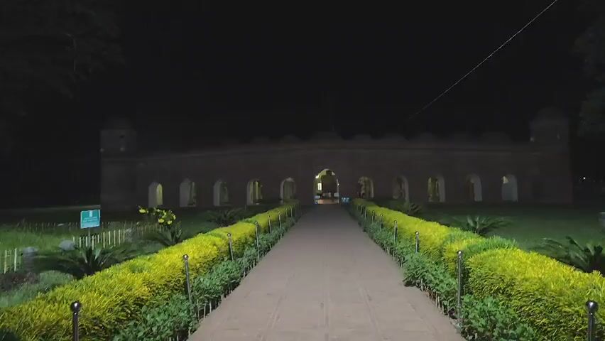 A nighttime exterior shot of an old, brick building with an arched entryway is captured. A walkway lined with green bushes leads towards the entrance. Two people are visible in the frame. One is a person from the chest up, in the bottom left corner, appearing to be wearing a hijab. The other person is further down the walkway, near the entrance, dressed in dark clothing. The sky is dark, indicating it is nighttime. There is a wire extending diagonally across the upper part of the frame.