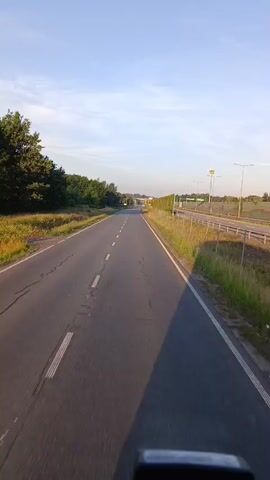 A POV video from a moving vehicle shows a two-lane paved road with a white dashed line separating the lanes. The road is flanked by dry grass and trees on the left and a sound barrier covered in greenery, grass, and a metal fence on the right. The sky is clear and blue with the sun casting a long shadow on the right side of the road. Streetlights are visible in the distance on the right side of the road.