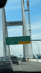 Vehicle crosses cable-stayed bridge in Surrey, Canada