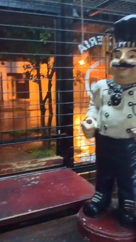 The video shows a wet street scene viewed through a metal security gate. It is raining heavily, and the street is slick with puddles reflecting the orange glow from the streetlights and buildings. A car passes by on the street. The view is obstructed by a small tree. In the foreground, there's a red, weathered wooden surface, and a chef figure is partially visible to the side of the frame. The scene is primarily focused on the street outside during the rain.