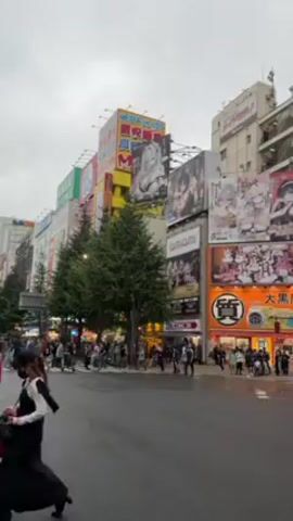 The video depicts a street scene in what appears to be a bustling area of Tokyo, Japan. Buildings are adorned with large, colorful advertisements featuring anime-style characters. Pedestrians are seen crossing the street at crosswalks and walking along the sidewalks. The day appears overcast with a wet road surface, suggesting a recent rain. There are cars and vans moving in the background. The general atmosphere is one of urban activity and commercial vibrancy.