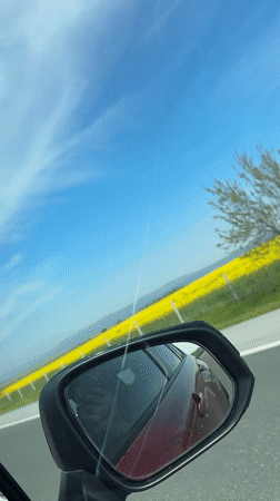 Morning drive captured in side mirror reflection, Zheleznik Bulgaria