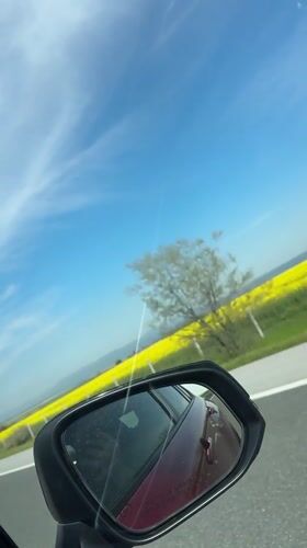 Morning drive captured in side mirror reflection, Zheleznik Bulgaria