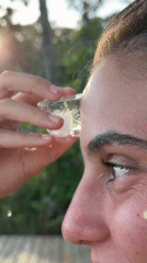 Person cools off with ice near flagged beach scene