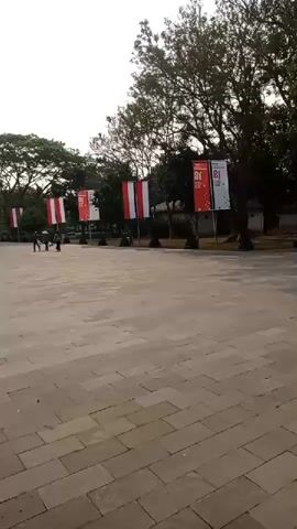 The video opens with a view of a large, paved plaza. Several tall, rectangular banners, predominantly red and white, are displayed on poles along the sides of the plaza. The banners have an emblem and the number 81 on them. Trees line the sides of the plaza, and a structure, possibly a monument or temple, is visible in the distance at the end of the plaza. A few people are walking in the distance on the plaza. The lighting suggests it is daytime, possibly overcast. The camera pans slowly across the scene, revealing more banners and the expanse of the plaza. In the foreground, a dark, metallic structure with a blocky base is partially visible on the left. The ground is paved with rectangular stone tiles.