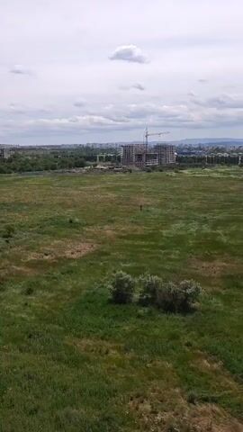 This video shows an aerial view of a construction site with several unfinished multi-story buildings and cranes. The construction site is surrounded by a field of grass and some scattered trees. In the background, a city with more buildings can be seen under a cloudy sky. There are no visible people in the video, but there appear to be some small dark figures in the grassy field that could potentially be people or animals. The construction appears to be in the early to middle stages, with the concrete structures of the buildings mostly complete but lacking windows and finishing touches.