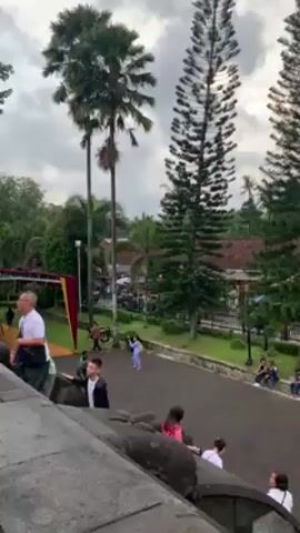 Here is a description of the video. 

The video appears to be shot from the top of a stone structure, likely a temple or historical site, overlooking an outdoor area with a park-like setting. There are several people present, both on the stone structure from where the video is being taken and in the area below.

The ground level features a paved pathway with people walking and sitting. There are tall palm trees and other greenery providing shade and adding to the scenic view. In the background, there are some stalls or tents, suggesting a market or event might be taking place.

The people on the stone structure seem to be tourists, as they are walking around, taking pictures, and observing the surroundings. The clothing they are wearing is casual and modern.

The overall atmosphere appears to be that of a tourist location, with people exploring the site and enjoying the outdoor environment. The sky is overcast, suggesting it might be a cloudy day.