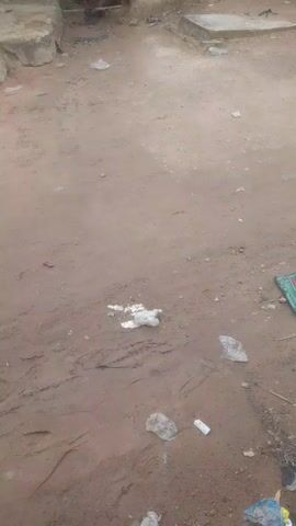 Here is a forensic description of the video:

The video shows an outdoor area with a dirty, sandy ground littered with trash. The ground appears slightly muddy with tire tracks visible. There is a concrete structure in the upper left corner and another concrete object in the upper right corner of the frame. Debris includes small pieces of white material, plastic scraps, and a small white tube. The background suggests a neglected or impoverished environment. There are no people visible in the scene. The camera seems to be held steady, providing a stationary perspective of the littered area.