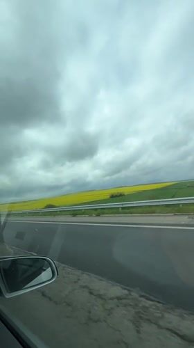 Driver captures yellow field view near Troyanovo, Bulgaria