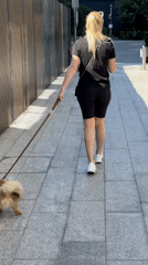 Fluffy dog on a leash, morning walk on a London sidewalk