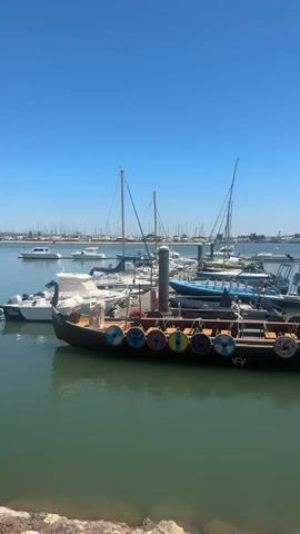 A wide shot of a marina on a clear, sunny day. The water is calm and green. In the foreground, a replica Viking ship is docked, with decorative shields visible along its side. Behind the Viking ship, several other boats and yachts are moored. The marina extends into the background, with more boats and a distant shoreline visible. The sky is a vibrant blue with no clouds.