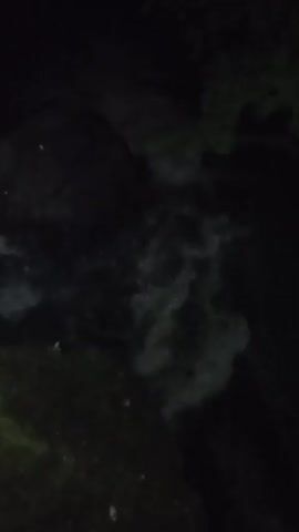 A dark, murky body of water flows over rocks. The water is foamy and agitated in some areas, suggesting a rapids or waterfall. The surrounding environment appears to be dimly lit and possibly forested. The camera is angled downwards, providing a close-up view of the water and rocks.