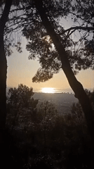 Morning Barcelona cityscape viewed from hillside with cat keychain