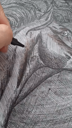 Artist sketches detailed horse drawing in Kempelevo, Russia