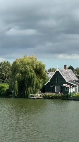 A wide shot captures a serene waterscape with traditional Dutch houses and lush greenery lining the bank. The water is a murky green, reflecting the overcast sky above. On the right, a dark green house with a white-trimmed roof stands prominently, partially obscured by a weeping willow tree with a dense canopy of leaves. A small wooden dock extends from the shore near the tree. To the left, more houses with red-tiled roofs are visible, interspersed with trees and foliage. Several boats are moored along the waterfront, some with covers. In the distance, a windmill with green blades can be seen, adding to the picturesque scenery. The camera pans slowly to the left, revealing more of the quaint village and its waterside architecture.