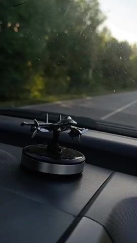 A dashboard ornament of a metal airplane is positioned on the dashboard of a vehicle, with the road and trees visible through the windshield. The sun is shining, creating a bright glare on the windshield. The camera is focused on the airplane ornament.