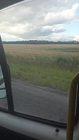 The video shows a view from inside a vehicle, looking out the window at a rural landscape. The window frame is visible, with a white interior on the bottom and a black door frame on the left. A yellow handle is visible on the right side of the frame. Outside, there is a road in the foreground, followed by a field of grass and then a larger field of harvested crops, likely wheat or barley, with a line of trees in the distance. The sky is partly cloudy with patches of blue sky visible. The video appears to be shot while the vehicle is in motion, as indicated by the slight blur and the way the landscape is passing by.