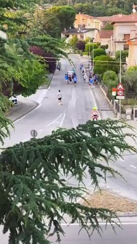 This media file captures a view of a street in Passignano sul Trasimeno, Italy, with a group of people running or walking down the road. The scene appears to be an outdoor event, possibly a race or a community gathering. Several individuals are dressed in athletic attire, and some are wearing blue shirts, suggesting they might be part of a team or organized group.

In the foreground, the lush green branches of a large tree frame the view of the street. The road itself is paved and appears to be a residential or suburban area, with houses visible on the hillside in the background. The houses are typical of Italian architecture, with tiled roofs and light-colored facades. The surrounding landscape is hilly and covered with vegetation, indicating a scenic, possibly rural or semi-rural, setting.

Several vehicles are present. A white pickup truck is parked on the right side of the road, and a white car is partially visible in the lower right corner. A person on a scooter, wearing a helmet, is traveling down the street, possibly as part of an escort or support for the event. A single runner in a white shirt and shorts is also visible on the road.

A traffic sign indicating a speed limit of "30" is prominently displayed on the right side of the road, suggesting the area is a zone where speed is restricted. The lighting suggests it is either early morning or late afternoon, with soft sunlight filtering through the trees and illuminating the scene. The overall atmosphere appears calm and perhaps festive, given the organized nature of the group activity. No explicit text beyond the speed limit sign is discernible.