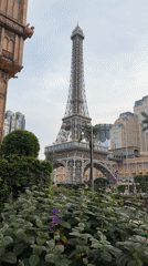 Tourist documents Macao's Eiffel Tower replica amid gardens