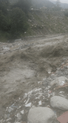 Sediment-heavy floodwater churns through debris-covered Manali terrain