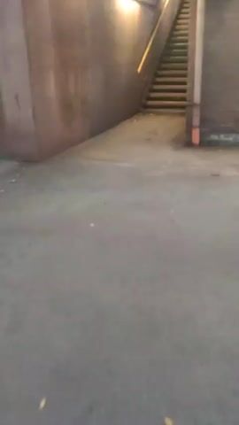 The video shows a concrete walkway leading to a set of outdoor stairs. The stairs are made of concrete and metal, and there is a handrail on the left side. The walkway and stairs are dimly lit by overhead fluorescent lights. There are some leaves and debris on the ground. The environment appears to be an outdoor passageway or underpass.