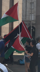 Pro-Palestinian demonstration held in Milan plaza, multiple flags displayed