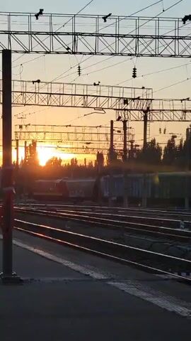 A train station at sunset. The sky is a soft orange and yellow. There are multiple sets of train tracks. A tall pole with a red marker is in the foreground. Several trains are parked or moving on the tracks. Overhead, there are many wires and poles for the electric trains. The camera is stationary.
