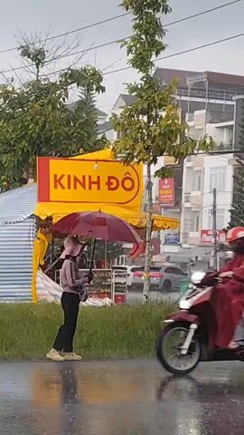 A person wearing a red raincoat and helmet rides a motorcycle on a wet street. Another person stands under a red umbrella on the side of the road, wearing a light pink shirt and dark pants, holding a smartphone. A yellow sign with red lettering that says "KINH ĐÔ" is visible in the background. There are buildings, trees, and other parked motorcycles. It appears to be raining.
