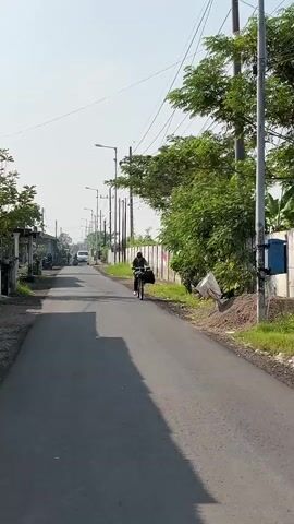 A person rides a bicycle down a paved road, carrying large bags. The person is wearing a dark jacket and a light-colored head covering. The road is lined with trees and utility poles. The sky is clear and the sun is shining. There is a white wall on the left side of the road and a pile of gravel on the right. A car is visible in the distance on the road. The video is shot from a low angle, following the cyclist.