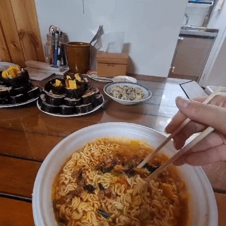Homemade kimbap and instant noodles in rural South Korea