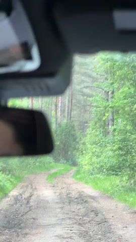 The video is shot from inside a vehicle driving along a dirt road through a forest. The road is muddy and has tire tracks. The trees on either side of the road are mostly green, with some taller pines visible. The sky is overcast. The interior of the vehicle is partially visible, including the rearview mirror. A voice speaks, saying, "Ah, ну, как."