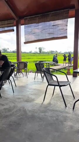 The video pans across a covered outdoor seating area with concrete flooring. Several black metal chairs and tables are visible. Beyond the seating area, a wooden walkway leads through a vibrant green rice paddy field. Several people are standing on the walkway, some appear to be taking photos. In the background, trees and a blue sky with scattered clouds can be seen. The overall impression is a scenic, relaxed atmosphere, likely a cafe or restaurant with a view of the rice fields.