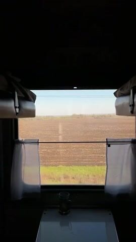 The video shows a steady, eye-level view from inside a train compartment, looking out a window at a passing landscape. The interior of the compartment is dimly lit, with the window as the primary light source. White, sheer curtains are pulled to the sides of the window. Below the window is a small, light-colored table, upon which a dark, patterned mug sits. Above the window, two upper berths, likely for sleeping, are visible, with what appears to be rolled-up bedding or luggage on them.

Outside the window, a vast, flat, brown field, likely recently plowed, stretches under a clear blue sky. A single utility pole stands prominently in the foreground, just outside the window, passing by as the train moves. Beyond the field, a distant treeline is faintly visible on the horizon. Some green grass and vegetation can be seen closer to the train tracks. The bright sunlight suggests it is daytime, and the weather is clear. The view evokes the feeling of traveling through an expansive rural or agricultural area in Lebyazh'e, Russia. There is no visible text in the video.