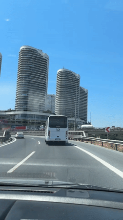 Dashboard view cruising a multi-lane Istanbul highway
