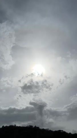 The video shows a scenic view of a rocky shoreline with lush green trees and hills in the background. The sun is partially visible through a cloudy sky. The water appears calm and reflective. There are no people visible in the video.