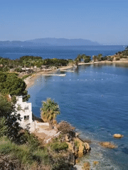 Kuşadası landmarks and coastline on a clear summer morning