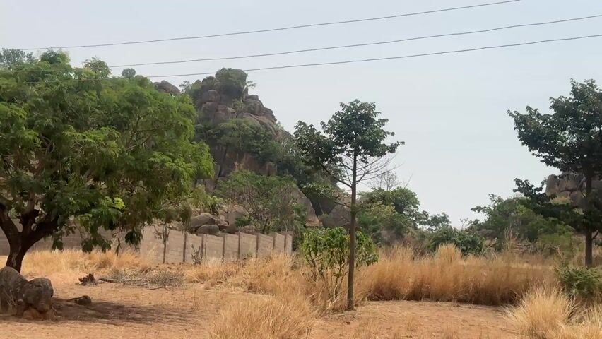 The video shows a landscape with dry grass, trees, a rocky hill, and a brick wall. The sky is overcast. There are power lines visible in the sky. The camera pans across the scene, focusing on the rocky hill and a tree in the foreground. The ground is dry and brown, suggesting a dry season. The hill is made up of large boulders.