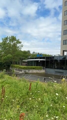 The video shows a modern office building with a glass-fronted lower section and a stone-clad upper section. A body of water runs in front of the building, and tall grass and wildflowers grow along the bank. The sky is cloudy. The camera pans across the building, showing different angles of its facade, including windows and an entrance. No people are visible, and there are no apparent interactions or actions taking place. The overall impression is one of a serene, business-oriented environment.