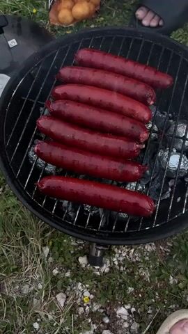 A close-up shot of several bright red sausages cooking on a grill. The sausages are arranged in a row on the metal grate. Below the grate, hot coals are visible. In the background, out of focus, is a bag of potatoes, a person's feet in black flip-flops, and grass. The camera then pans out to reveal a wider scene of a body of water and a dam wall against a backdrop of trees and a cloudy sky. The overall impression is of an outdoor gathering or picnic.