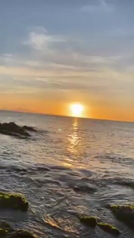 The video shows a sunset at the ocean. The sun is setting on the horizon, shining brightly and reflecting in the water. There are some rocks covered in green algae in the foreground, and the waves are gently lapping against the shore. The sky is a mix of blues and oranges.