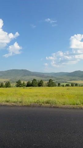 A person is filming a video from a vehicle. The video shows a landscape with a road in the foreground, a field of yellow flowers and green grass in the middle ground, and rolling hills in the background. The sky is blue with scattered white clouds. The video is shot in landscape orientation. The date and time stamp on the video is 00:00:00.