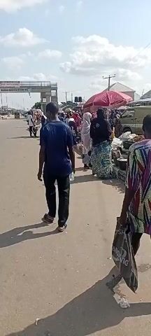 This video captures a bustling marketplace scene in Gulum, Nigeria. The time of day appears to be mid-morning or early afternoon, indicated by the bright sunlight and long shadows cast on the paved road. The weather is clear with scattered clouds.

The primary subjects are the numerous people engaged in various activities within the market. Individuals are seen walking, shopping, and interacting, creating a lively atmosphere. Many are dressed in vibrant, traditional clothing, including colorful patterns and headscarves, particularly evident on the women. Objects in the scene include market stalls with goods displayed, red and pink umbrellas providing shade, shopping bags, and a light-colored van parked to the side. A prominent feature in the background is a large overhead bridge or walkway, with signs attached.

The activity taking place is clearly a commercial one, with vendors likely selling their wares and customers browsing and making purchases. The overall impression is one of a busy, active community market.

Notable details include the specific design of the shopping bag held by a person in the foreground, which has text on it, though it's partially obscured. The paved road suggests a well-trafficked area. The presence of the overhead structure indicates a developed infrastructure in the vicinity. The expressions and body language of the people suggest engagement and typical daily commerce, without any obvious signs of distress or extreme emotion. The setting is an open-air market situated along a road, possibly at an intersection or a location where transportation is accessible.