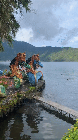 Ornate dragon and frog sculptures spotted at Baturiti lakeside