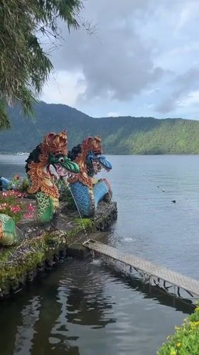 Ornate dragon and frog sculptures spotted at Baturiti lakeside