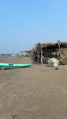 The video shows a beach on a bright, sunny day. The sand is dark, and there are a few boats and kayaks pulled up on the shore. There is a row of thatched-roof huts in the background, where people are sitting and eating. Some people are also swimming in the water.